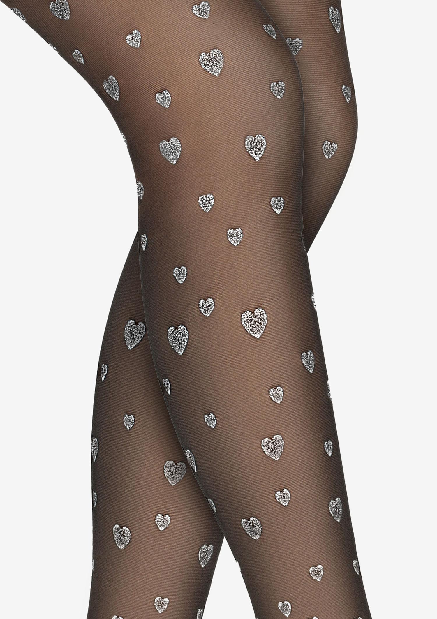 Rajstopy damskie w srebrne brokatowe serduszka Shining Hearts Marilyn, nero