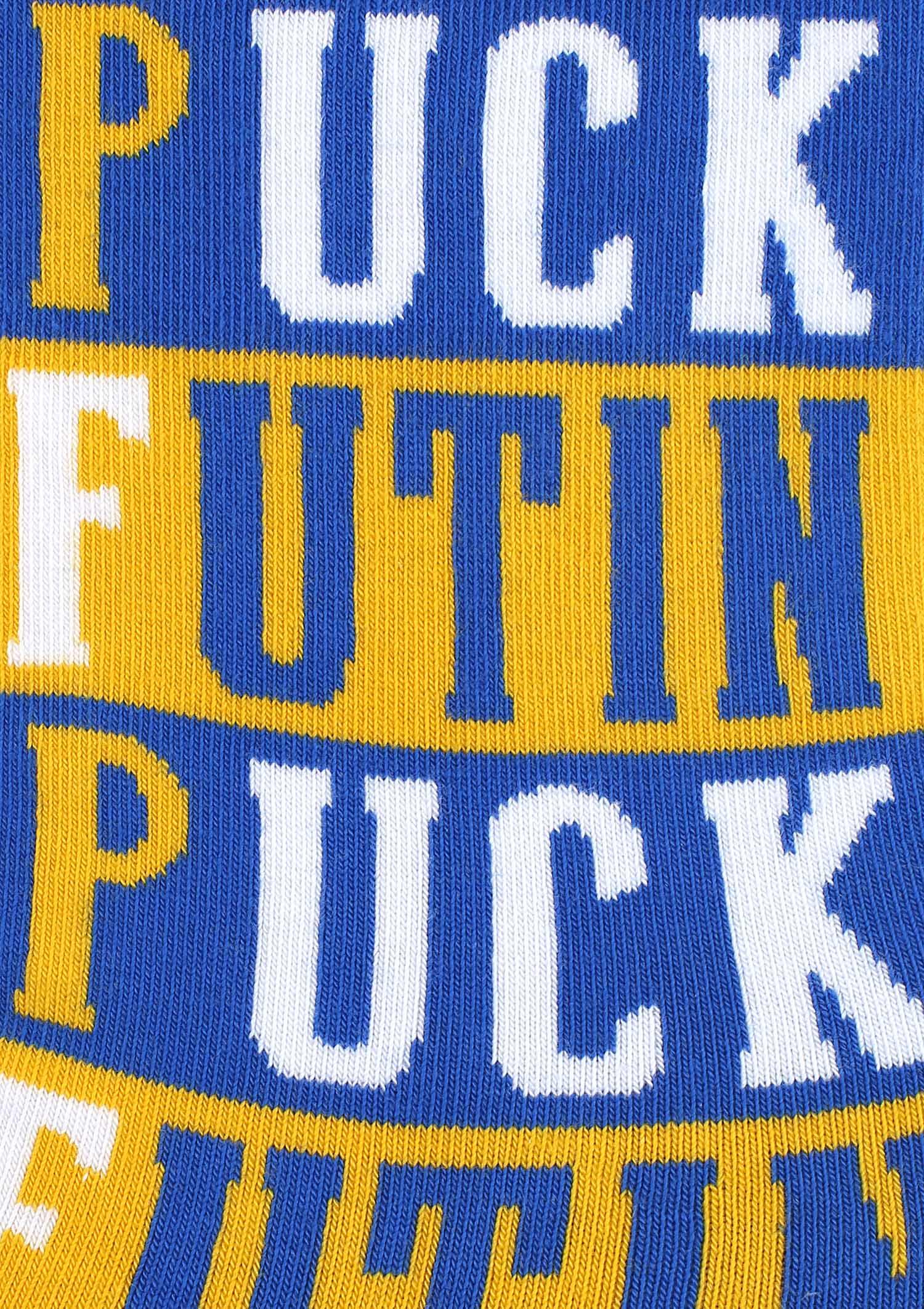 Skarpety męskie w dwukolorowe paski i napis Men Puck Marilyn, yellow/blue