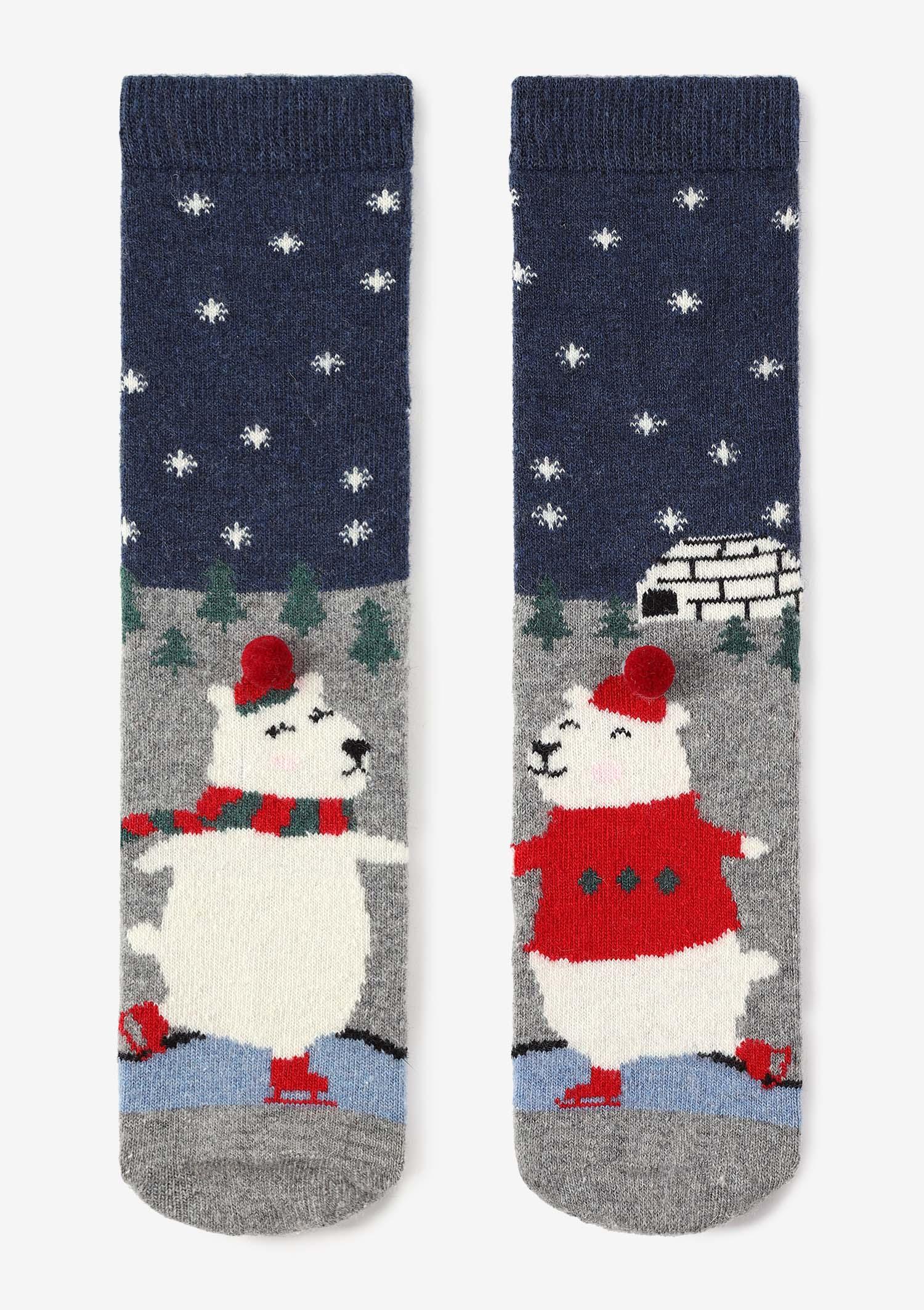 Ciepłe skarpetki damskie z misiami polarnymi Angora No Terry X39 Marilyn, granat/grey