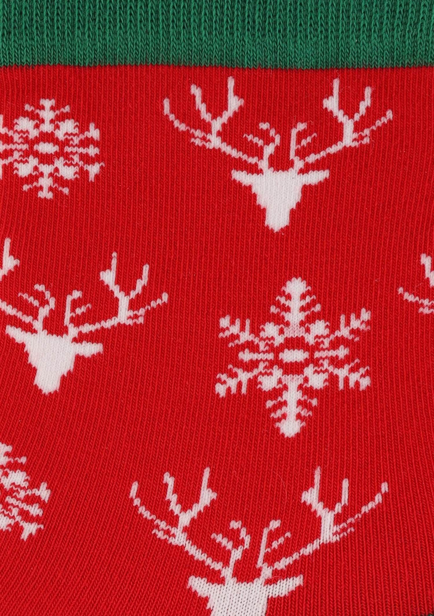 Skarpetki damskie bawełniane z grafika białych reniferów i śnieżynek snowy Deer Marilyn, red