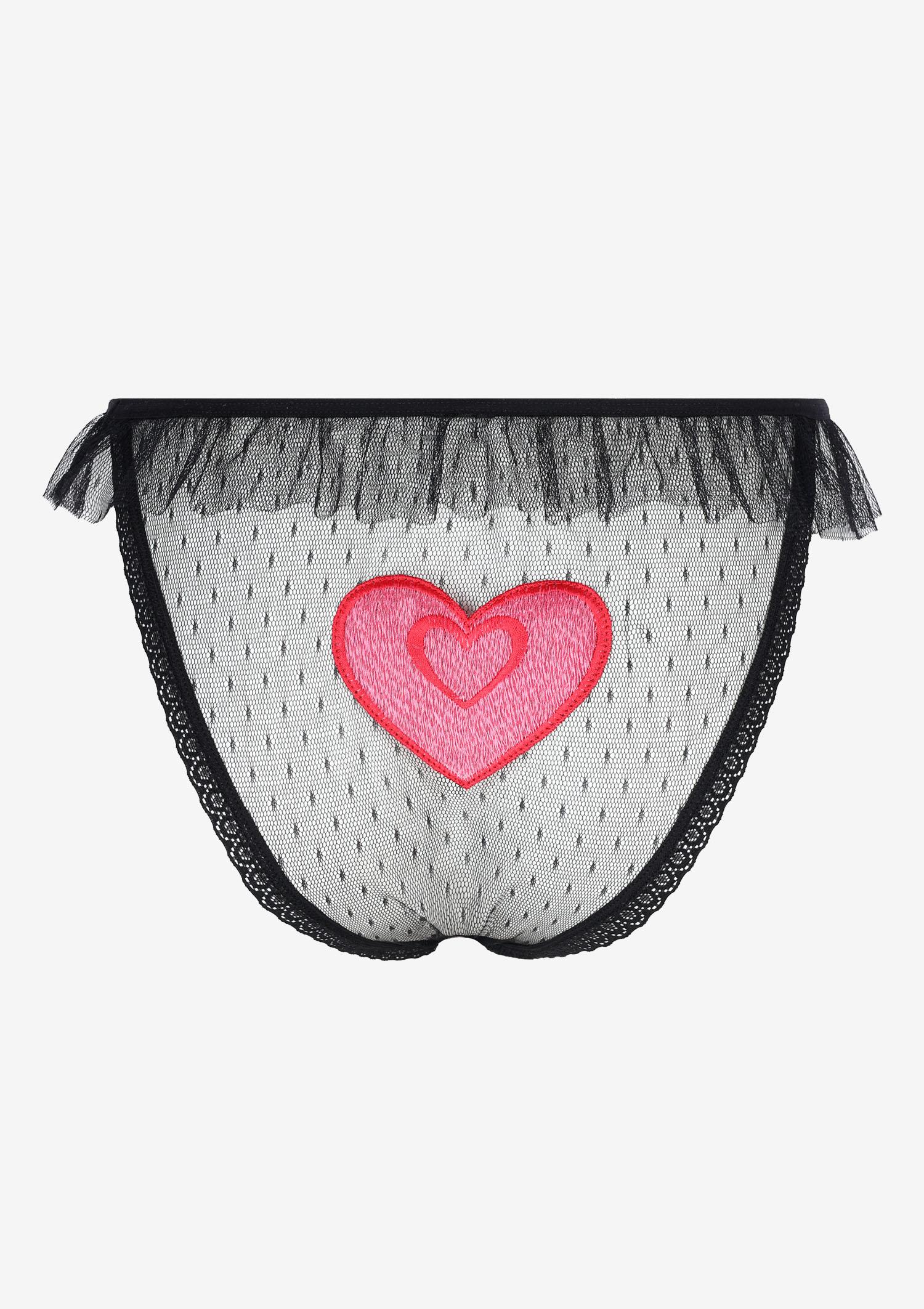 Figi damskie transparentne z haftowanym sercem na pośladkach Red Heart Poupee Marilyn, black/red