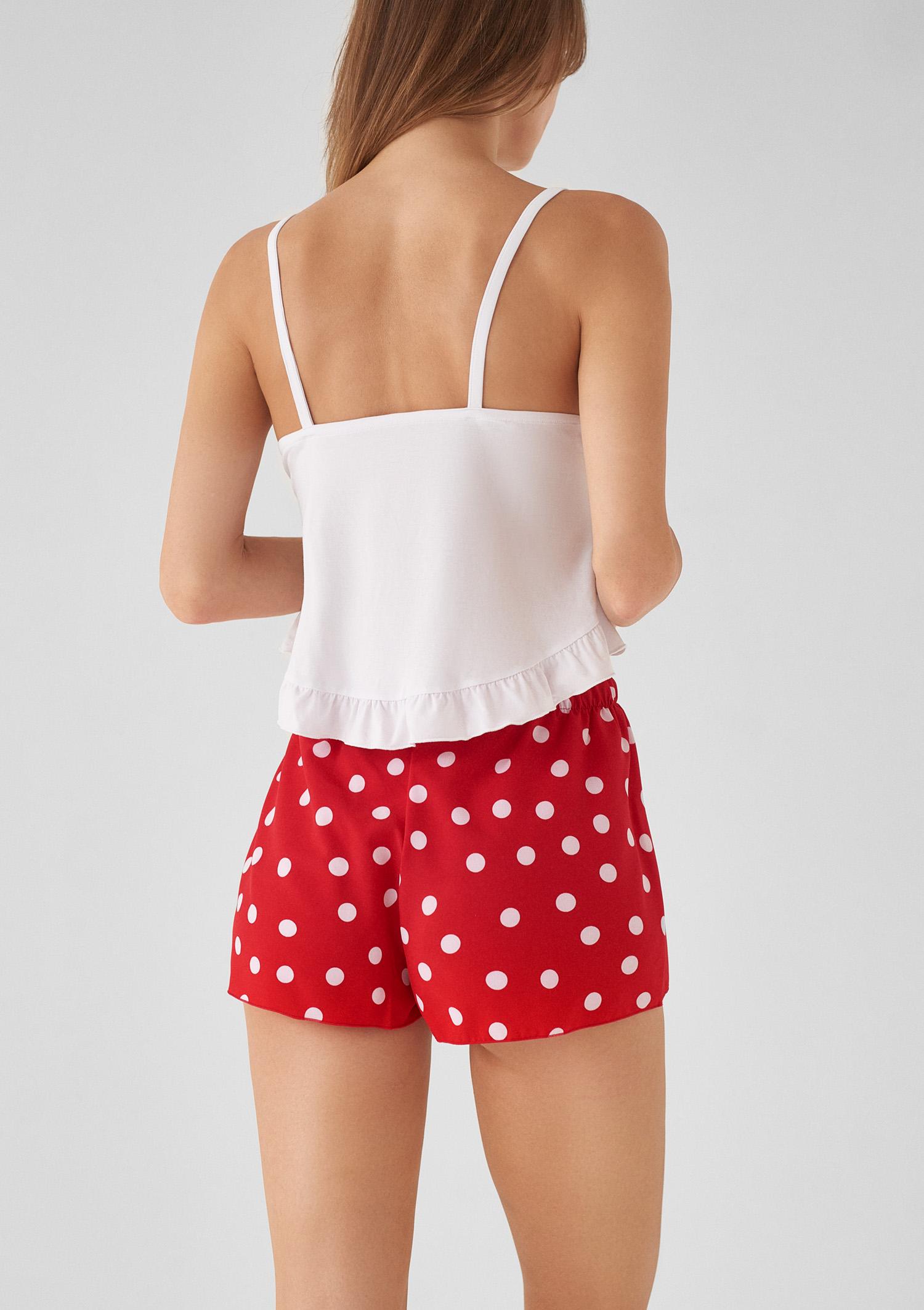 Piżama damska dwuczęściowa z błyszczącym napisem i szortami w grochy Love Poupee Marilyn, white/red