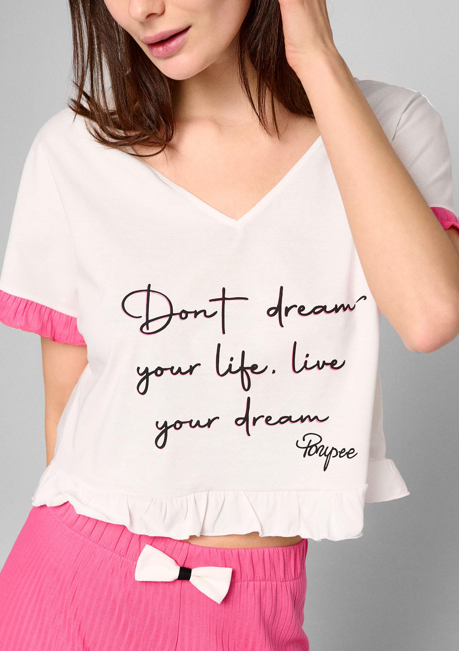 Koszulka piżamowa damska z krótkim rękawkiem i napisem Dreams Poupee Marilyn, white/pink