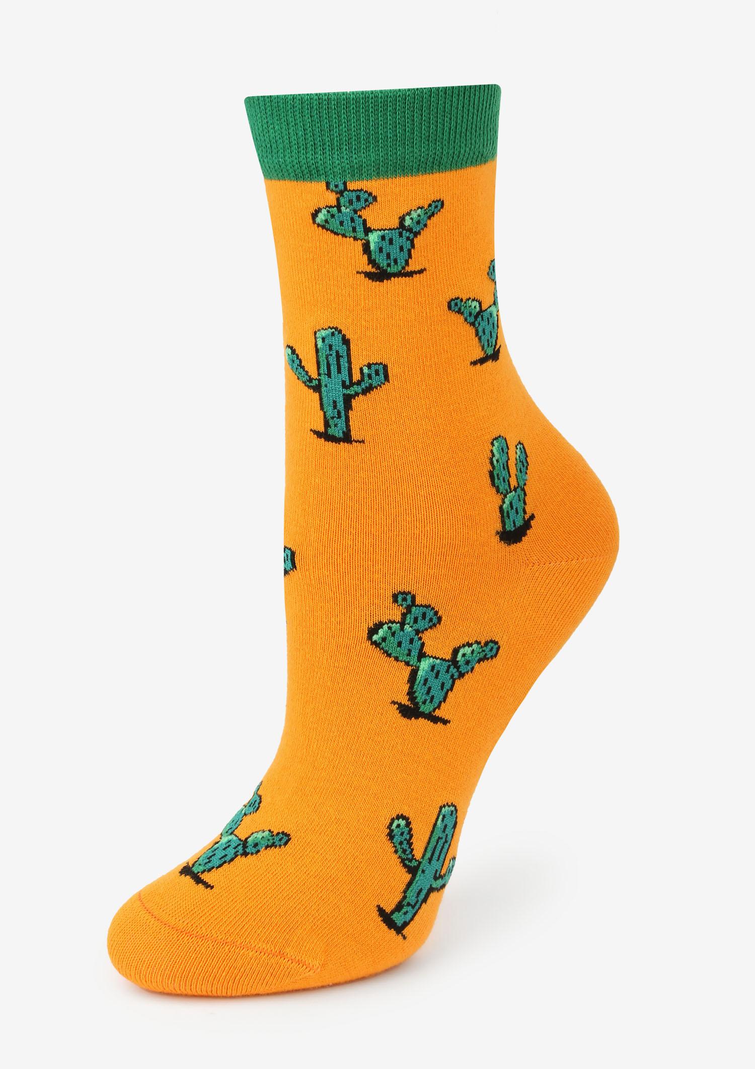 Skarpetki damskie pomarańczowe w zielone kaktusy Cactus Marilyn, pomarańczowy
