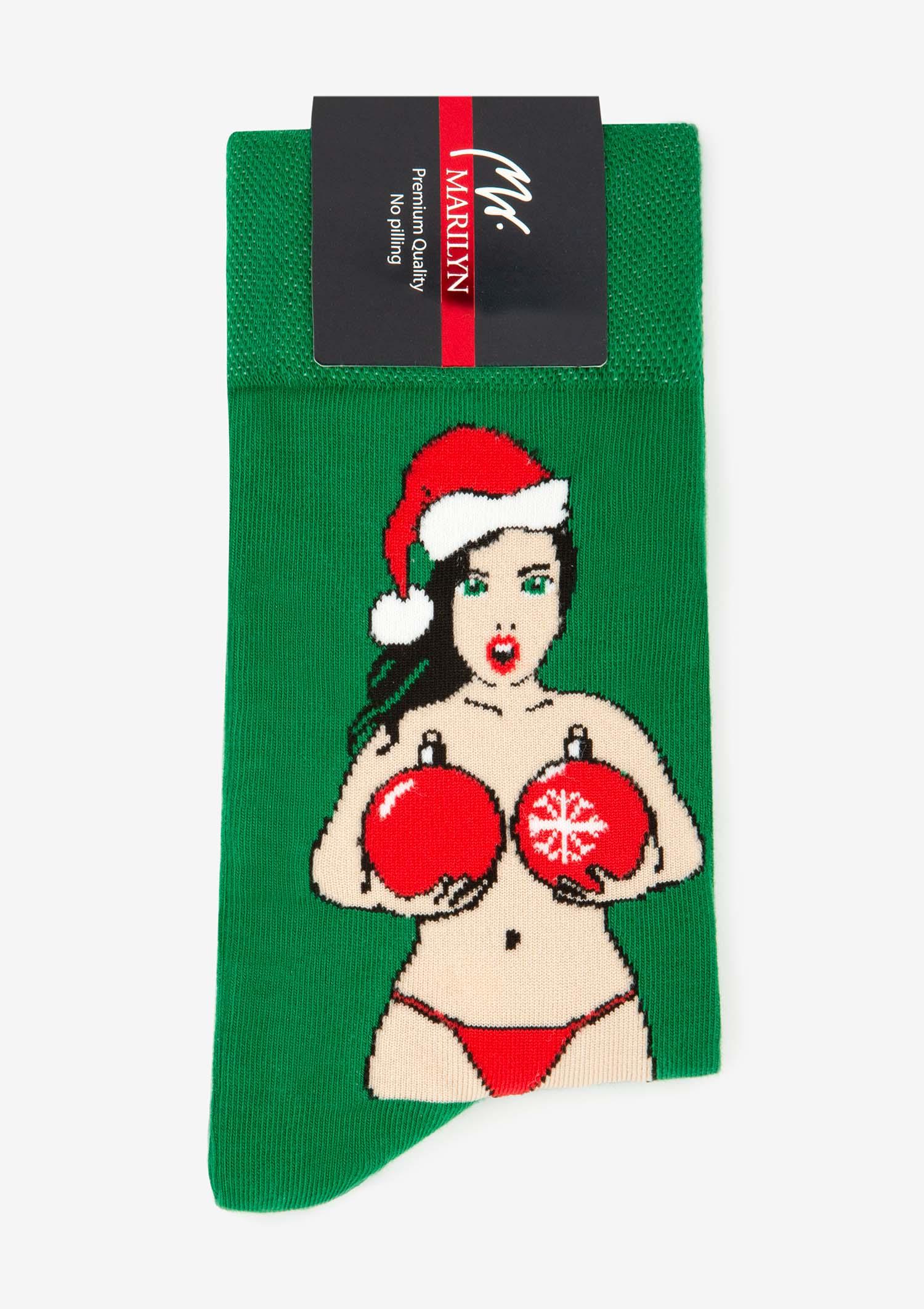 Skarpetki męskie świąteczne z motywem seksownej Mikołajki Santa Baby Marilyn, zielony