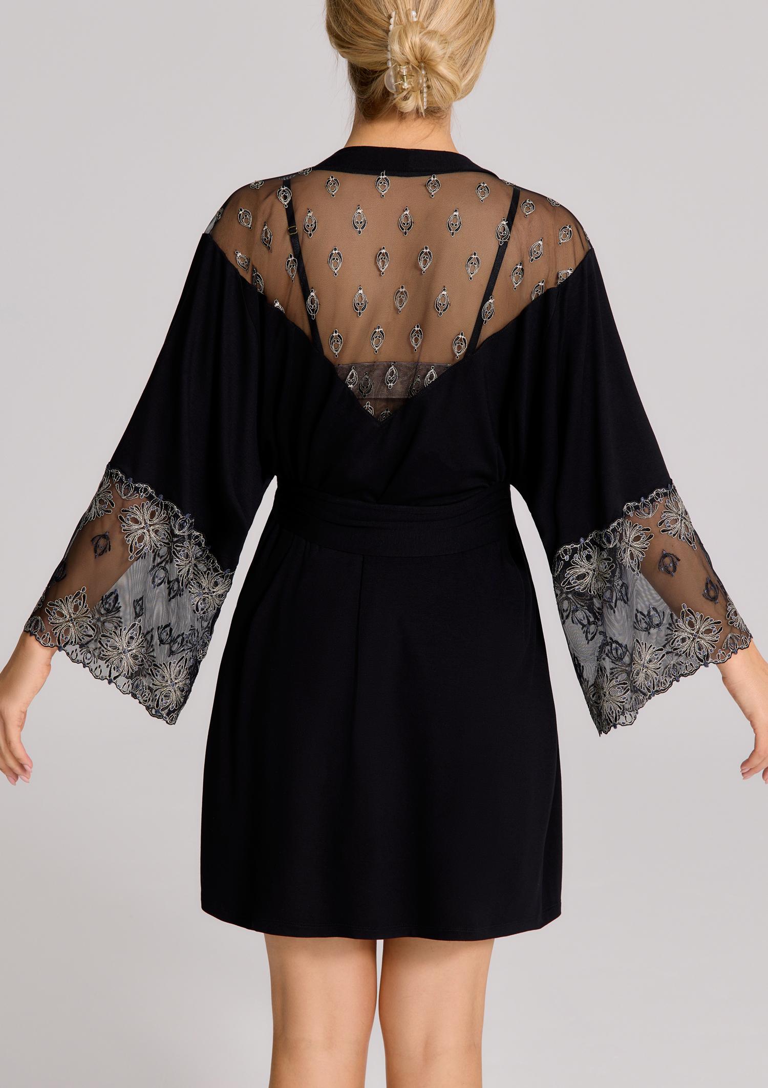Peniuar damski wiskozowy z haftowanym tiulem Virginia Hot Poupee Marilyn, black/gold
