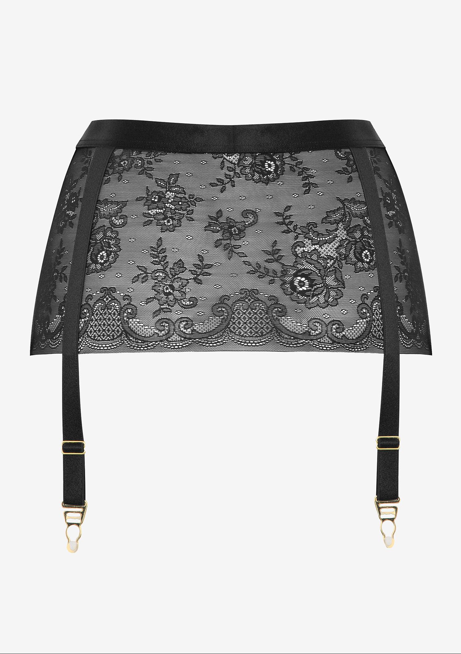 Pas do pończoch z tiulu w eleganckie florystyczne wzory WOW, black