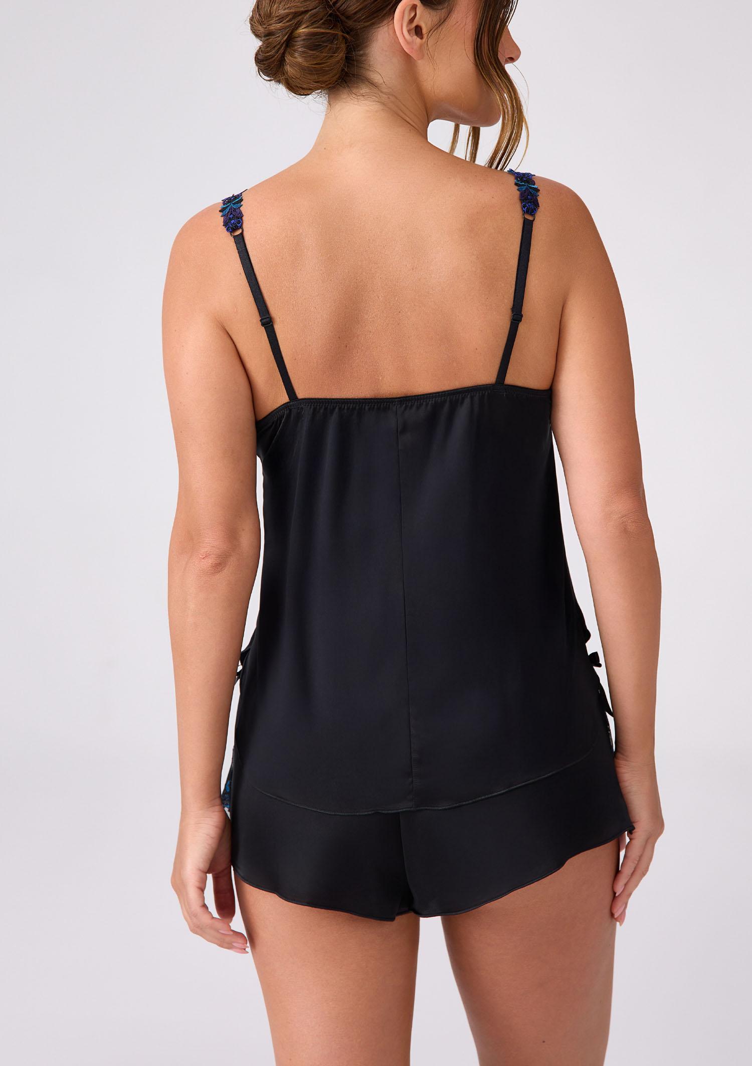 Komplet z czarnej satyny  i haftu kobaltową błyszczącą nicią - Viki, black/navy