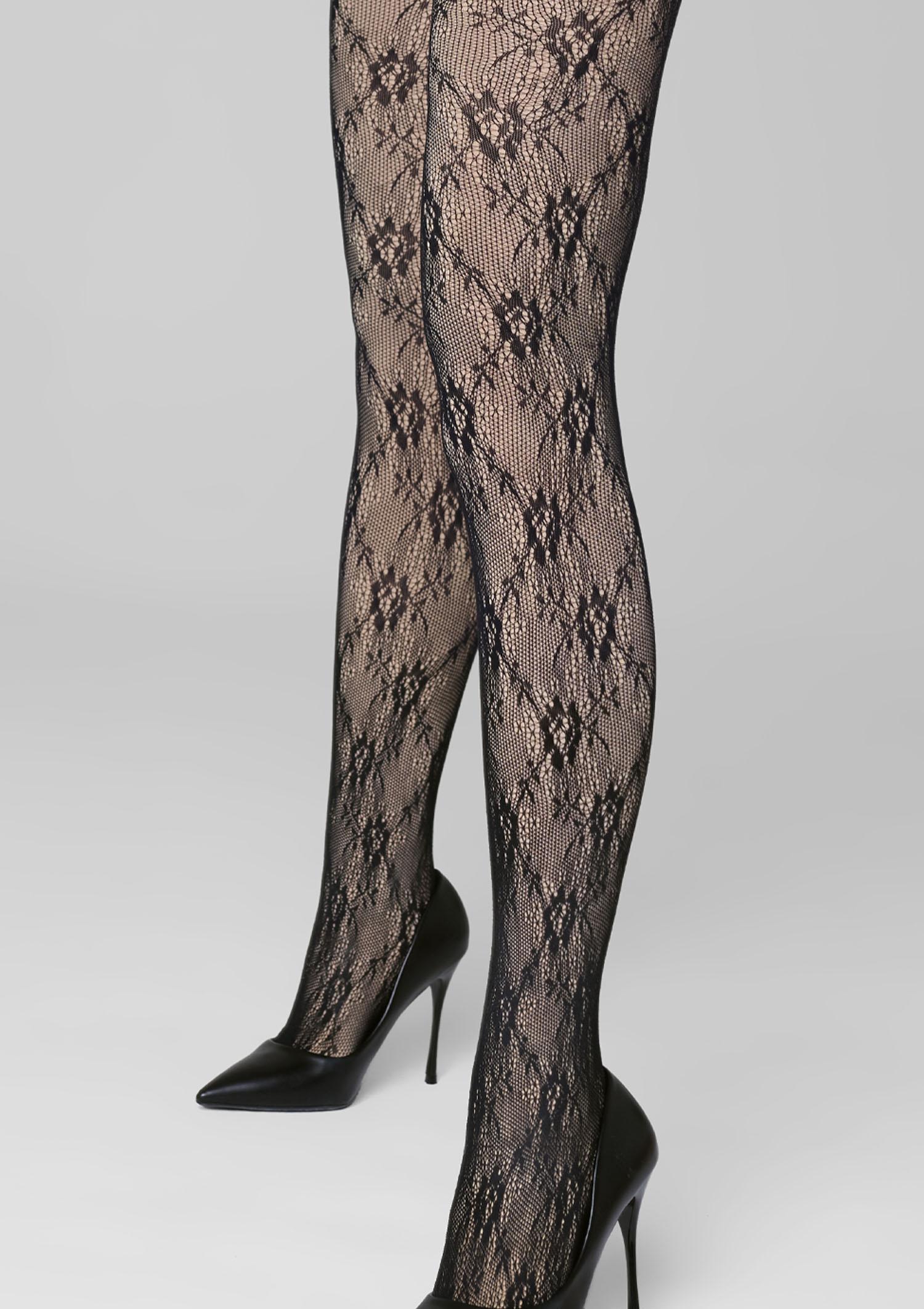 Rajstopy damskie termiczne pokryte kabaretką w kwiatowy wzór – Charly F07, black/beige