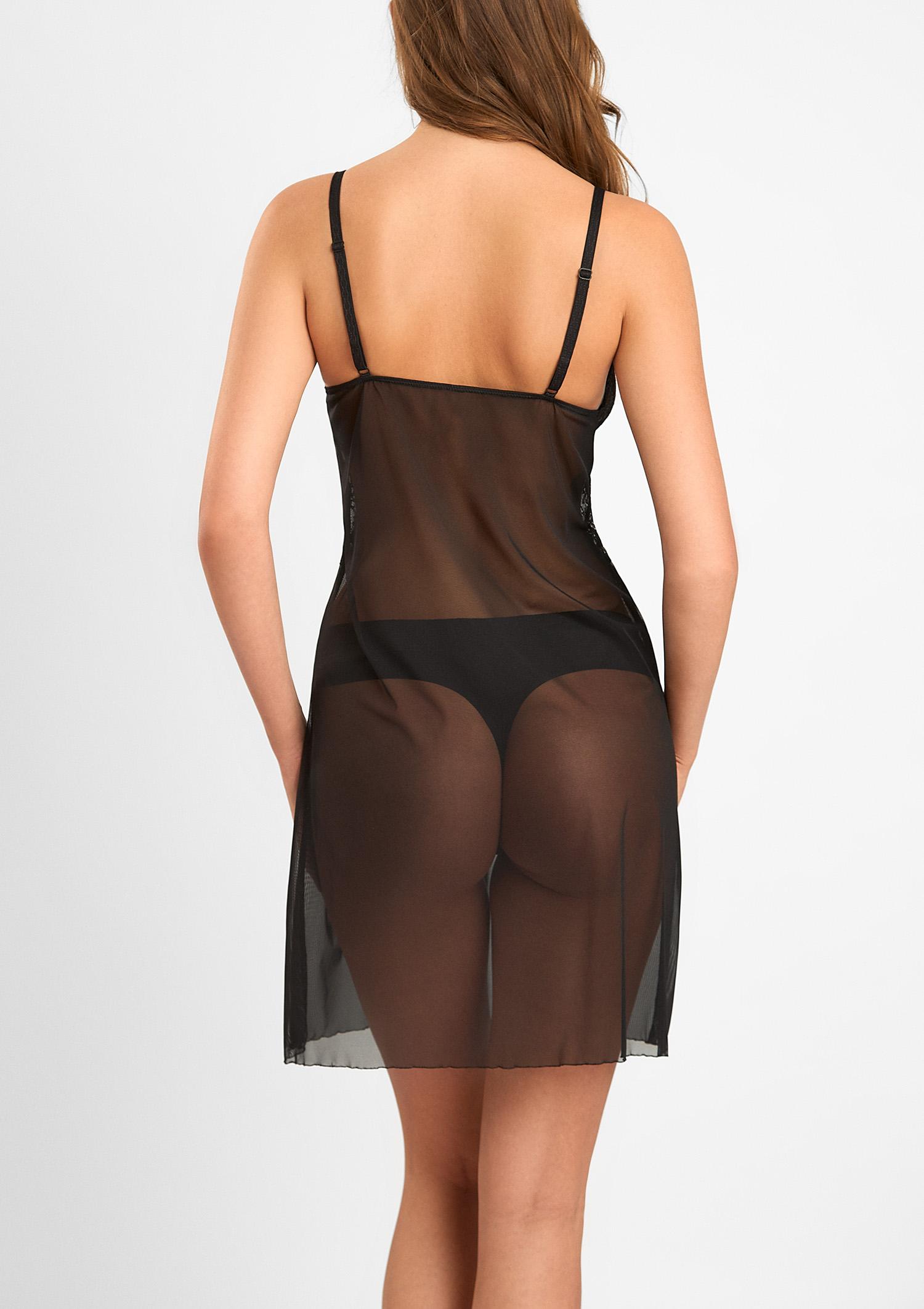 Koszulka nocna koronkowa z tiulem i cyrkonią – Elvire, black