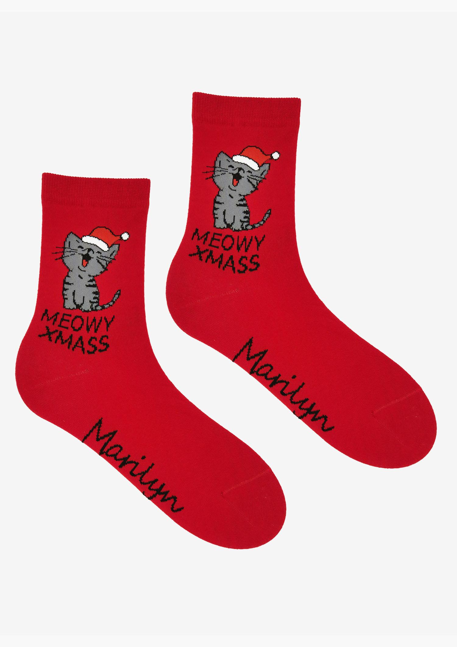 Skarpetki damskie świąteczne – Meowy Xmass, red