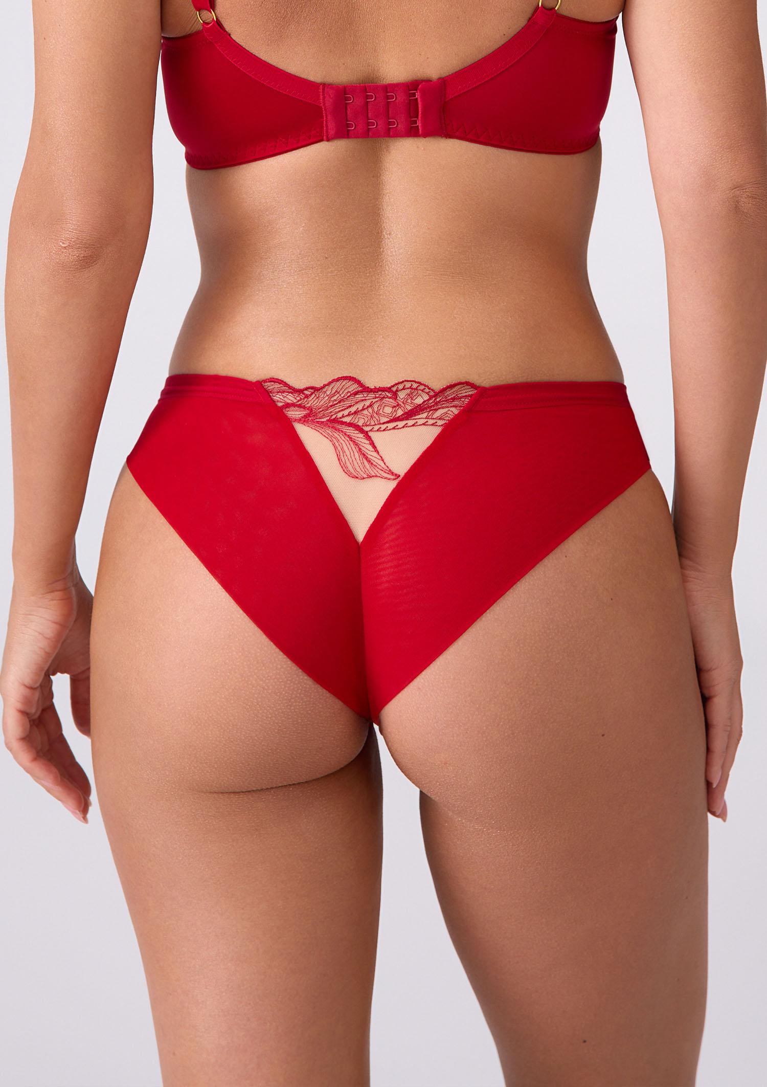 Figi brazyliany z haftem w kolorze czerwonego wina - Cameron, bordo/skin