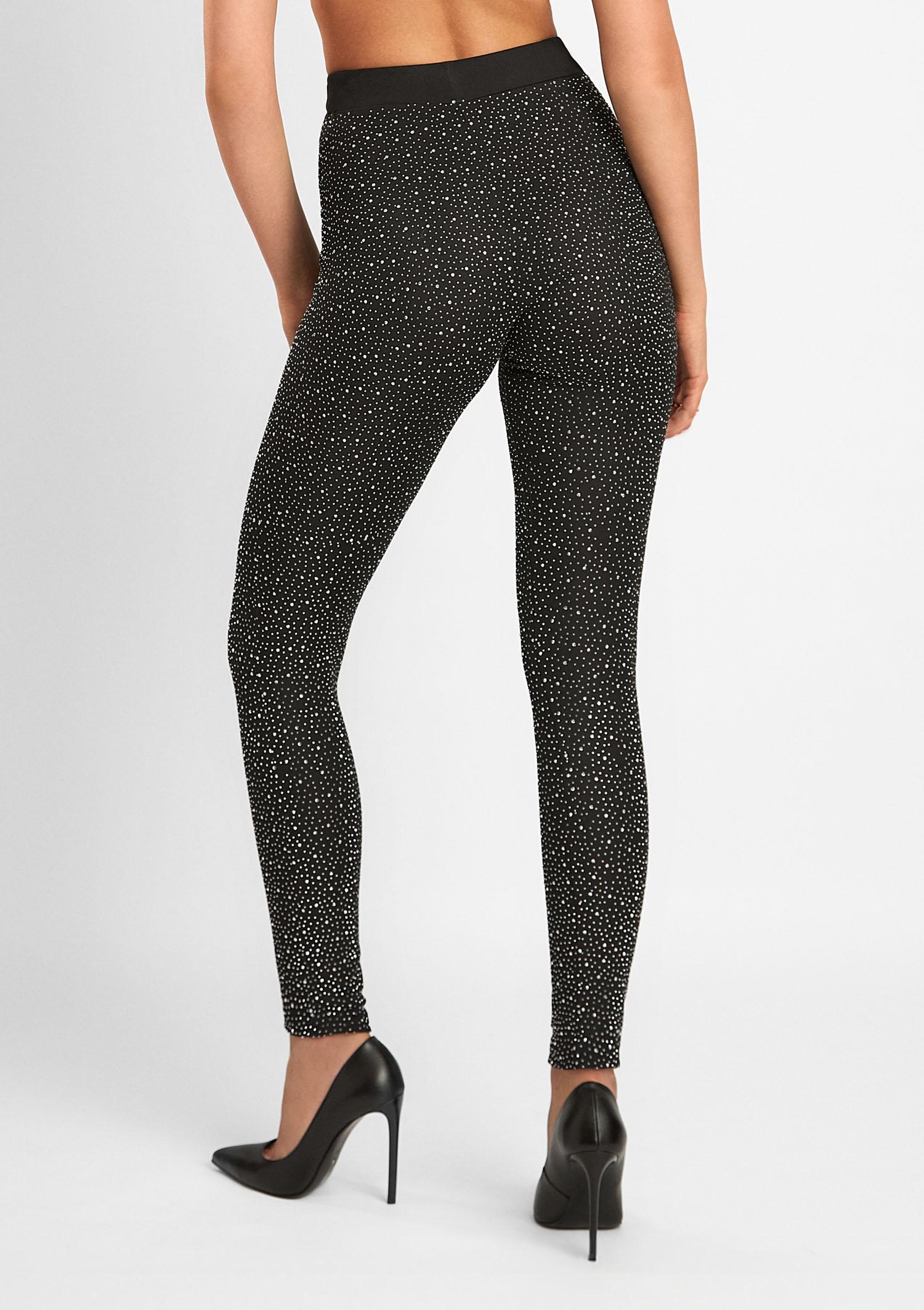 Legginsy z wysokim stanem zdobione kryształkami - Brillant, black/silver