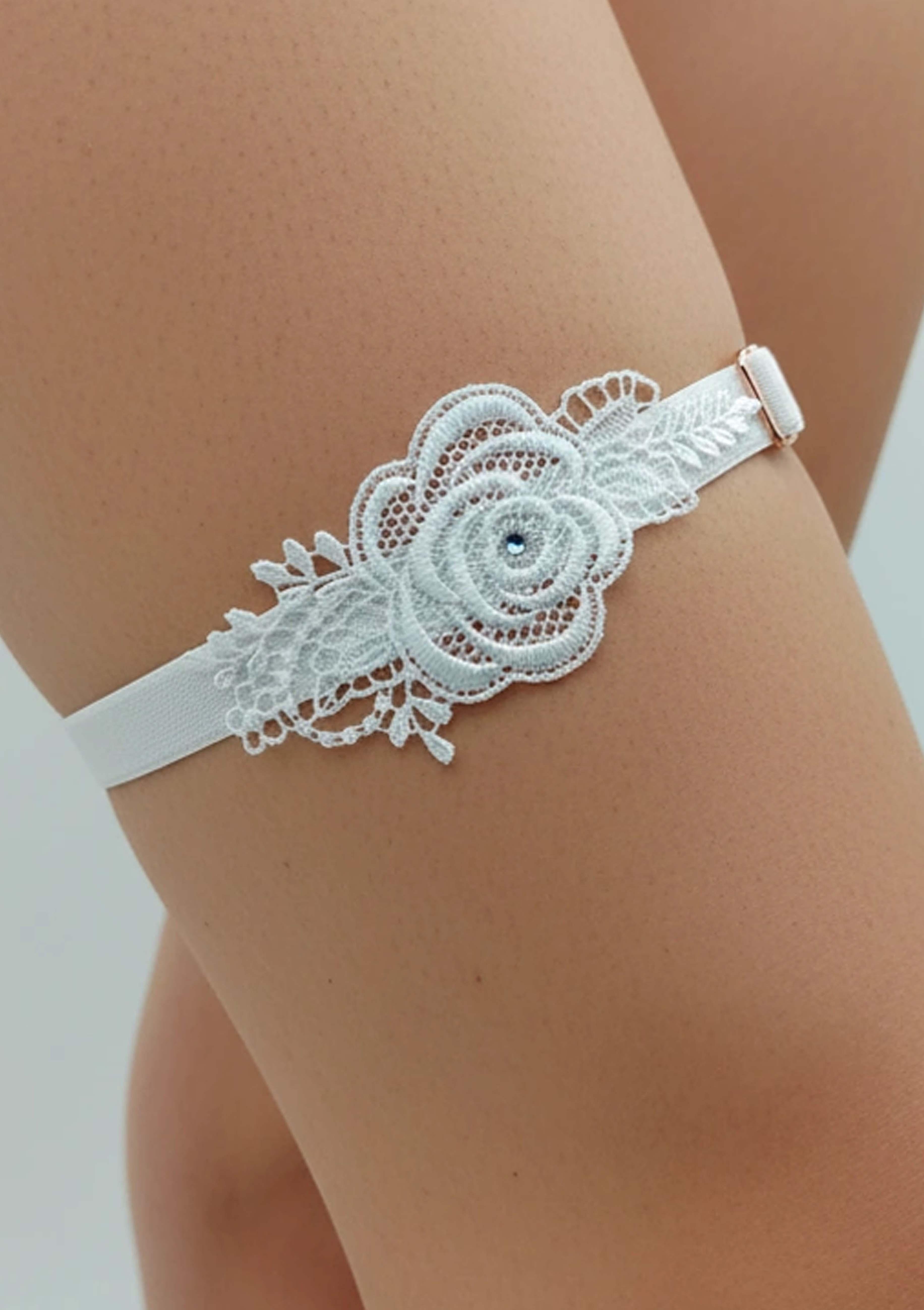 Podwiązka z satynową wstążką i kwiatowym haftem - Lili