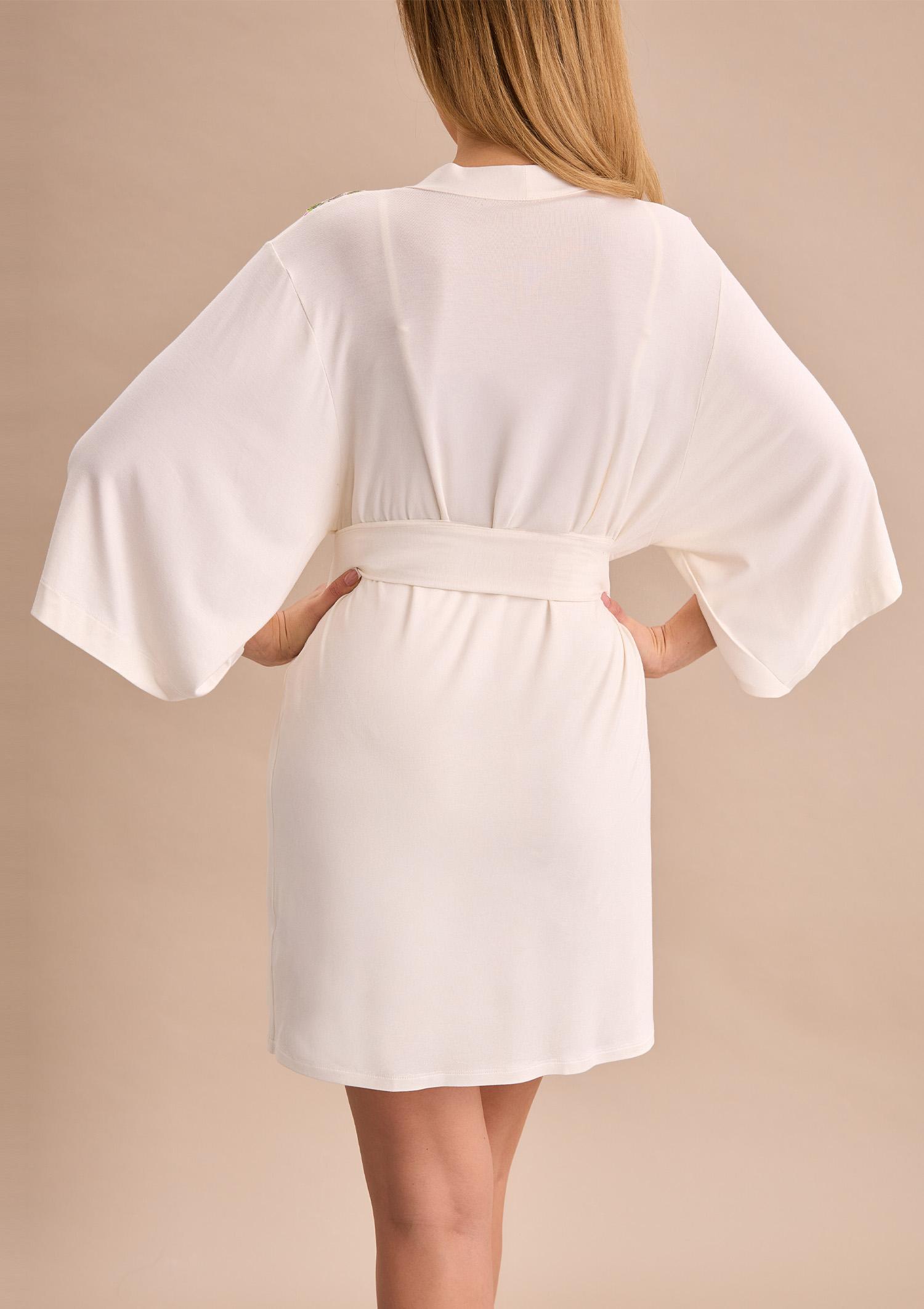 Peniuar z włókna bambusowego z wiosennym haftem - Meadow, off white