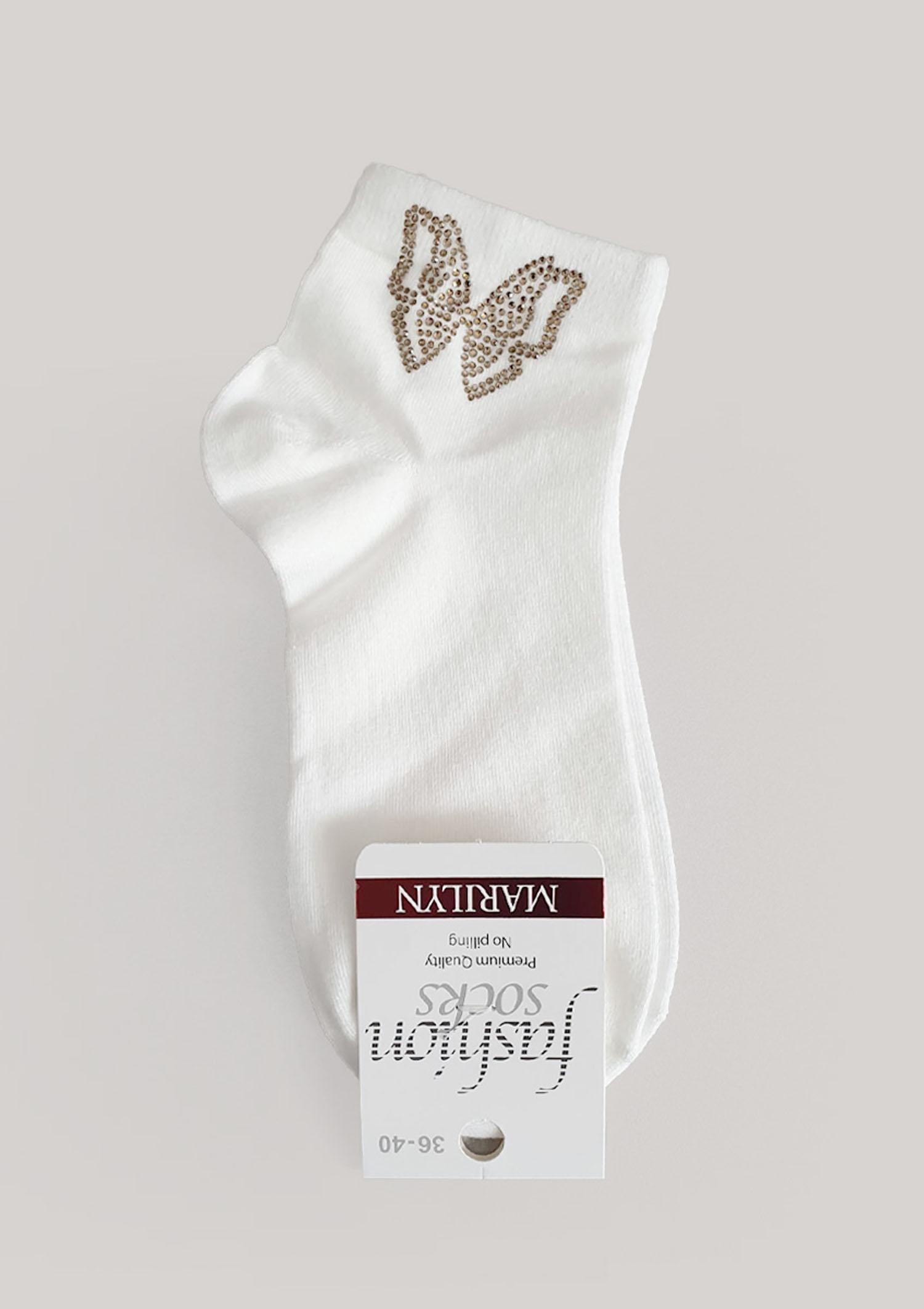 Skarpetki damskie bawełniane z dżetowym motylem białe - Footies F81