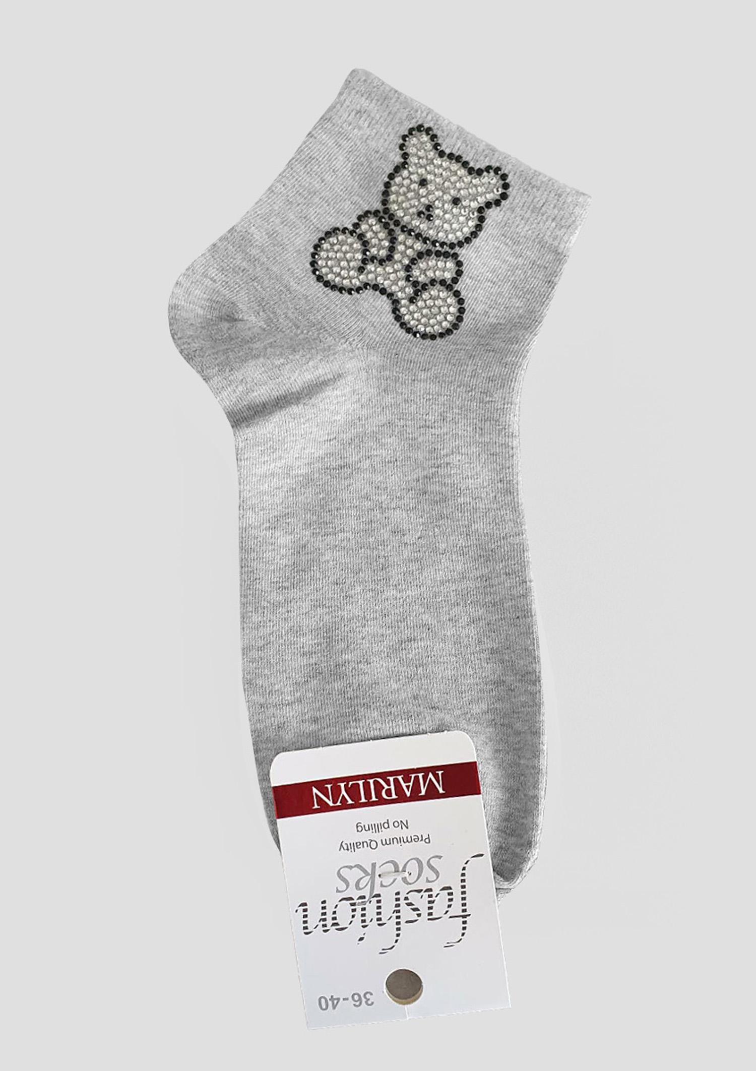 Skarpetki damskie bawełniane z dżetowym misiem szare - Footies F82