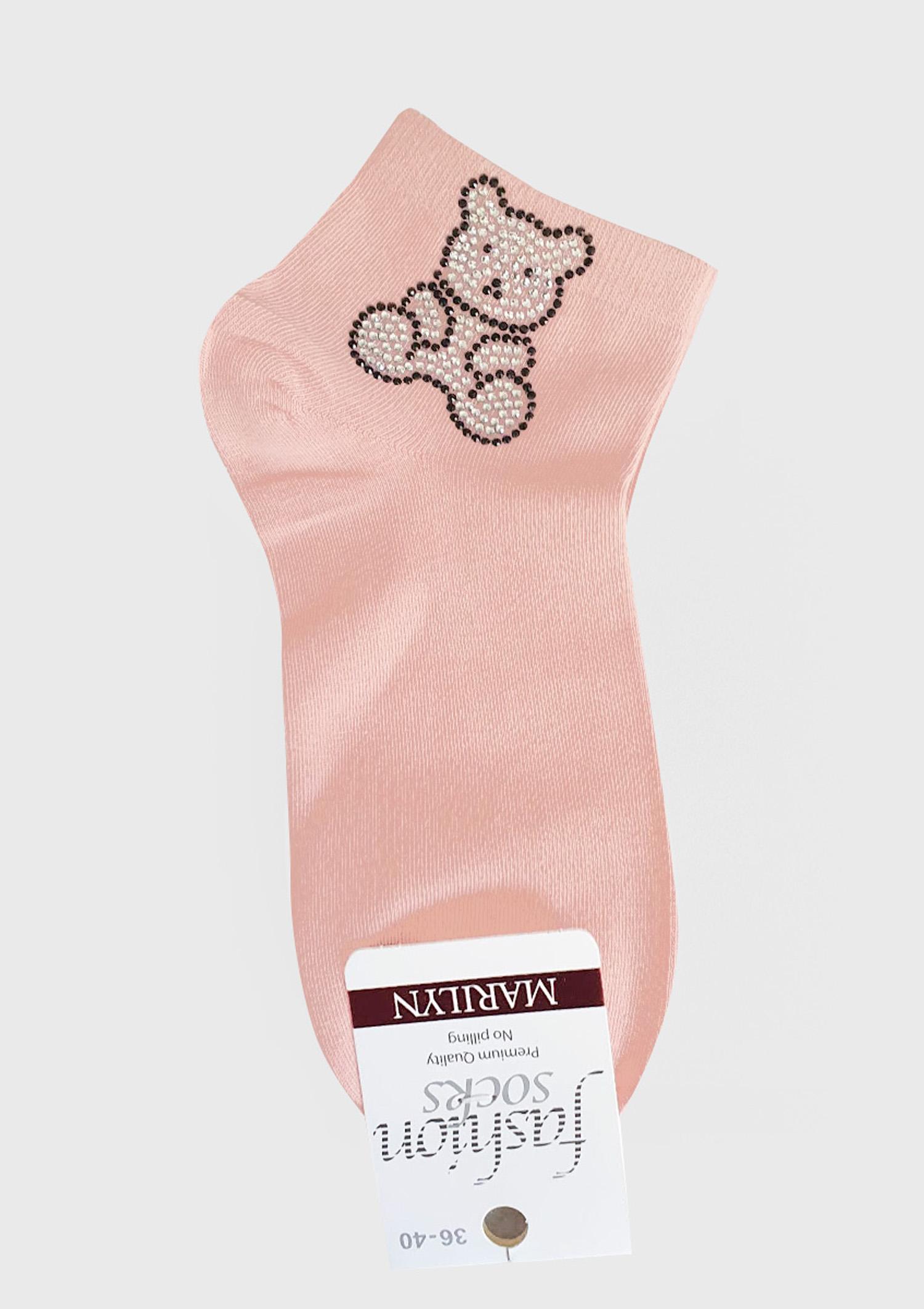 Skarpetki damskie bawełniane z dżetowym misiem różowe - Footies F82