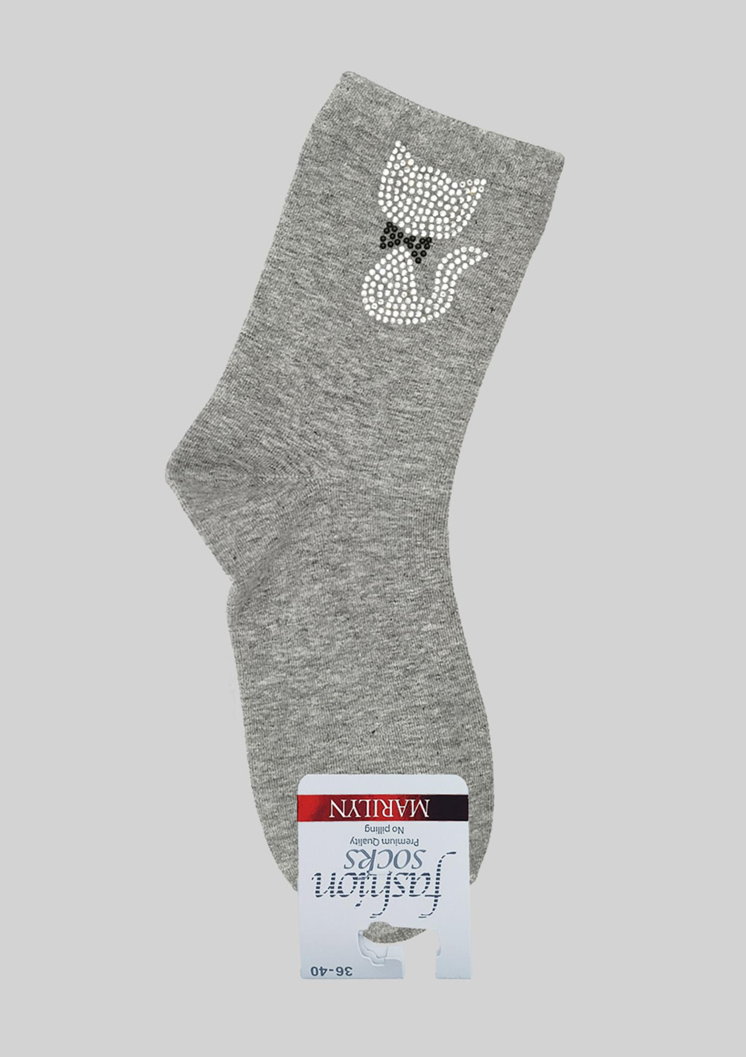 Skarpetki damskie bawełniane z dżetowym kotkiem szare - SC F83