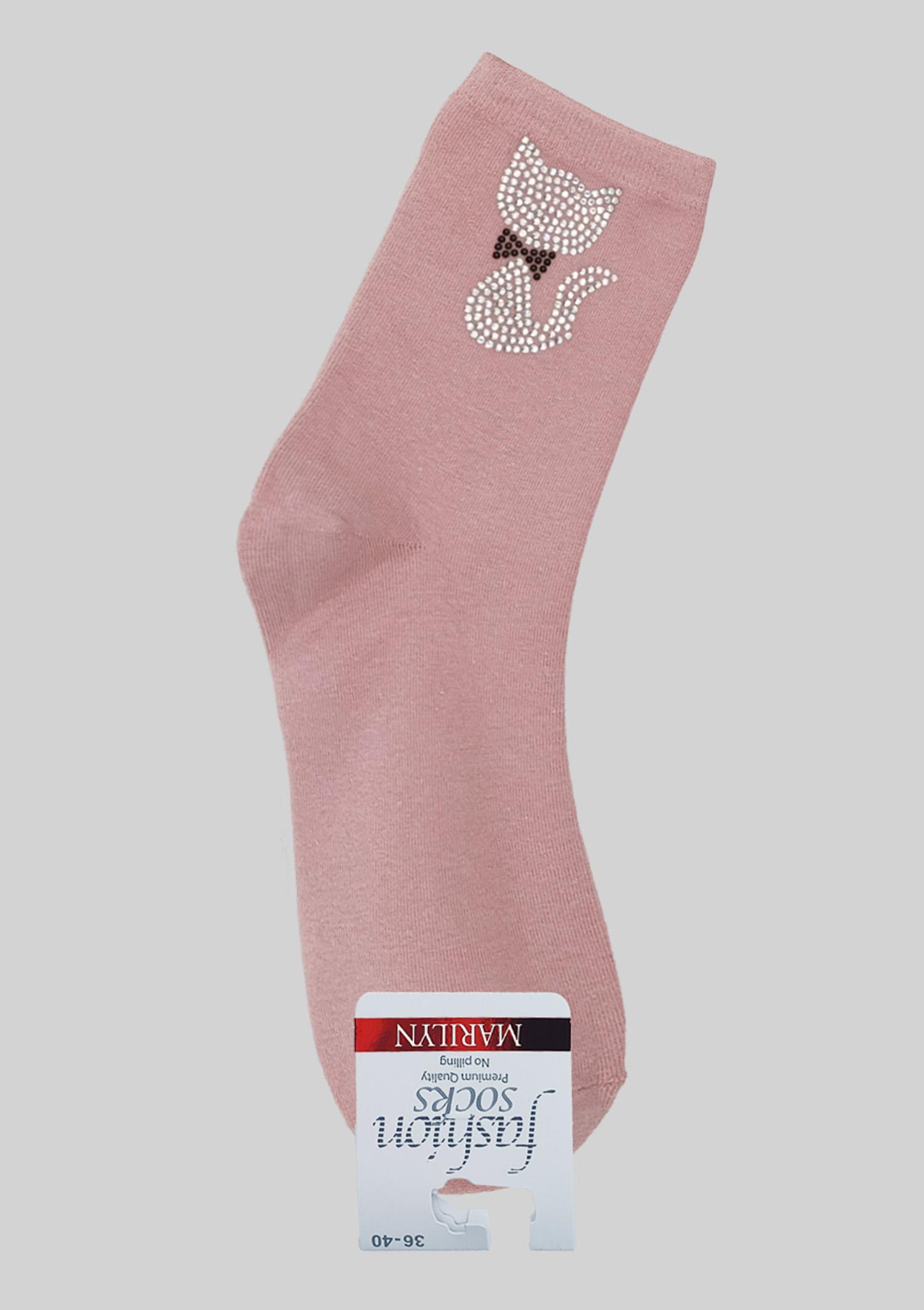 Skarpetki damskie bawełniane z dżetowym kotkiem różowe - SC F83