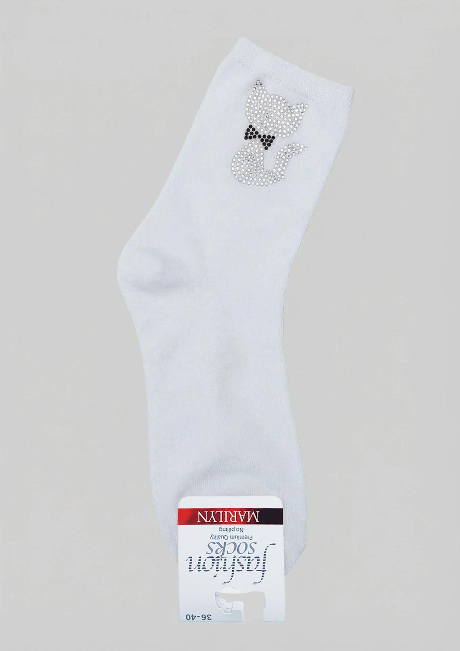 Skarpetki damskie bawełniane z dżetowym kotkiem białe - SC F83