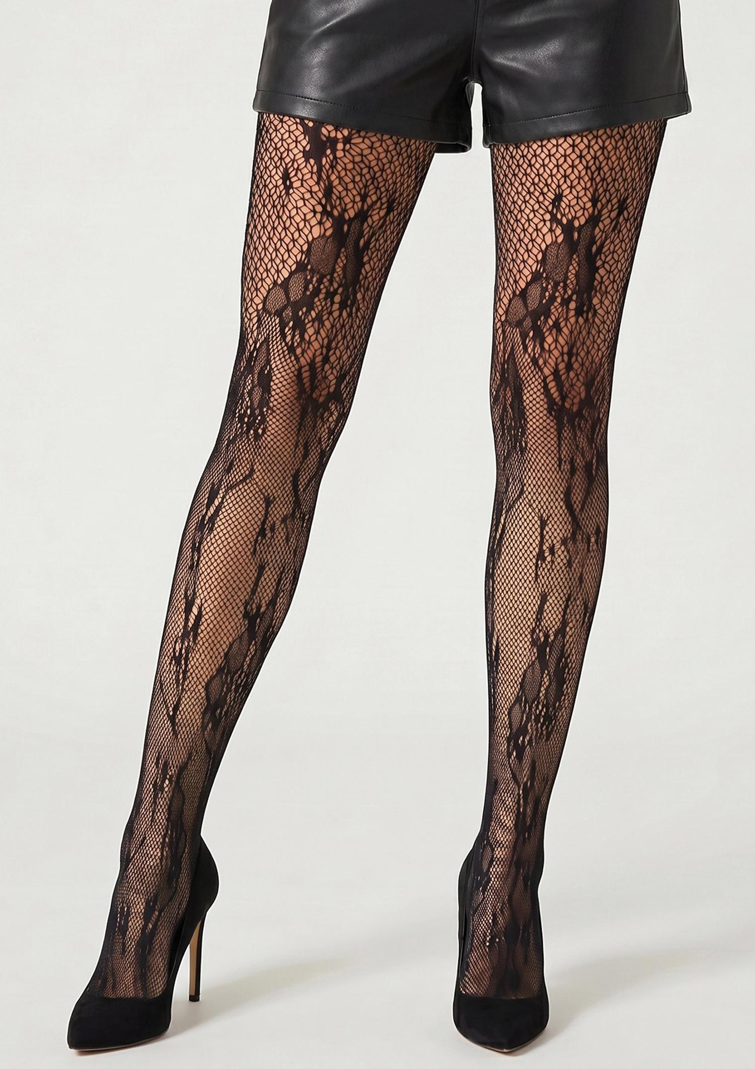 Rajstopy kabaretki w kwiaty - Charly I013, black