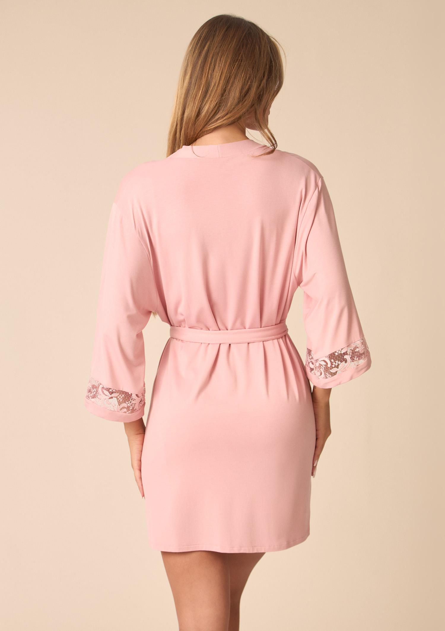 Luksusowy peniuar bambusowy z francuskim haftem - Smooth Dream, powder pink