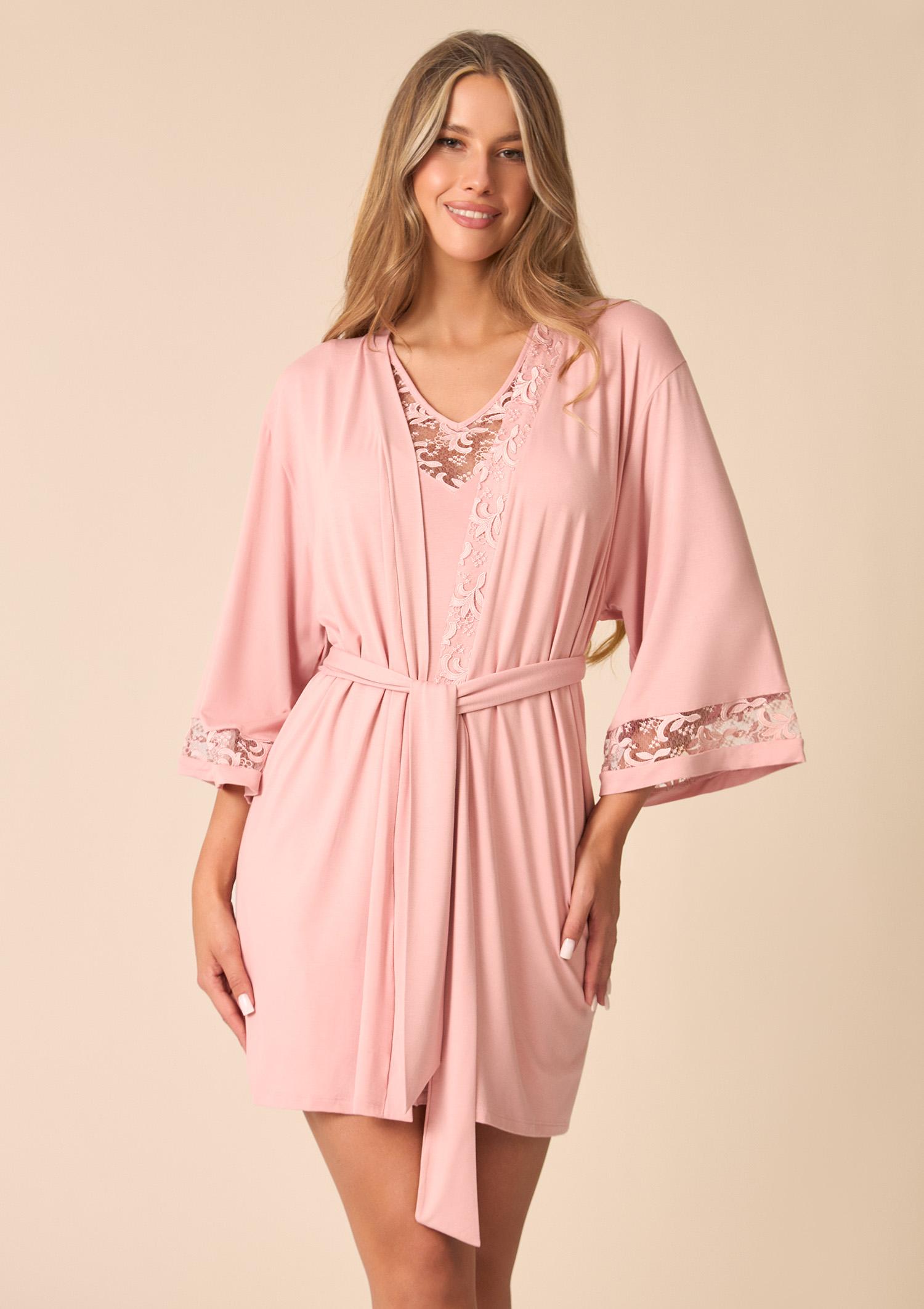 Luksusowy peniuar bambusowy z francuskim haftem - Smooth Dream, powder pink